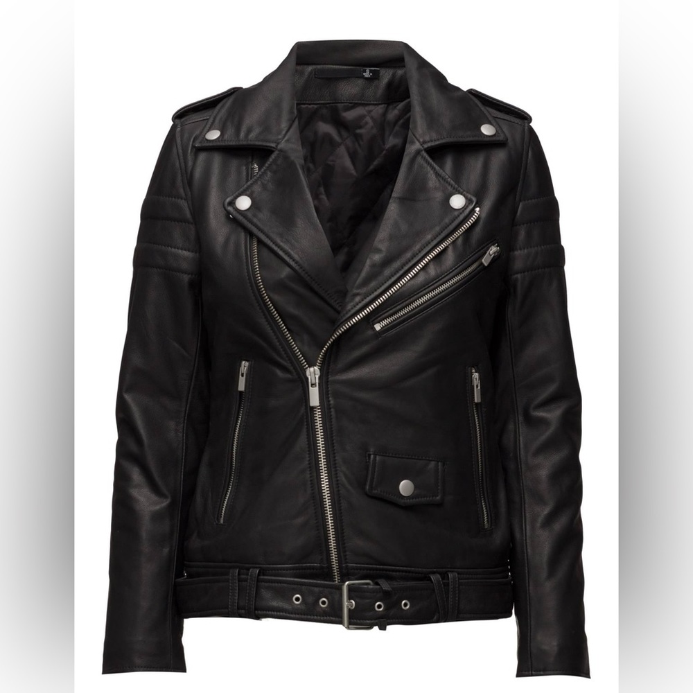 BLK DNM Women Slim Fit Black Leather Biker Jacket Size S